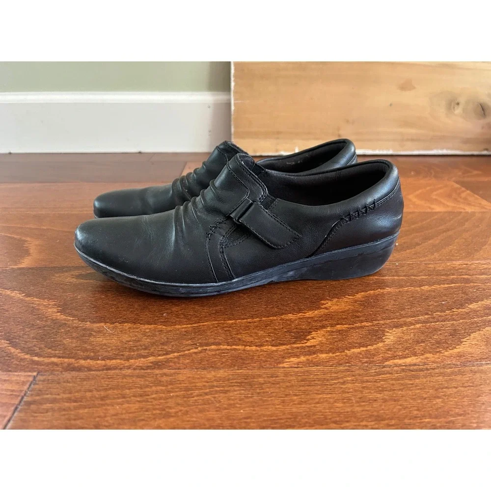 Clarks Everlay Coda Black Leather Ruched Slip On Loafers Womens 9 W Cushion Soft